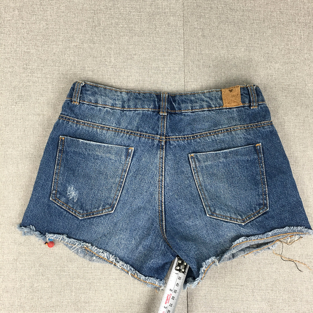 Zara Kids Girls Denim Shorts Size 10 Blue Raw Hem Beads Aztec Pockets