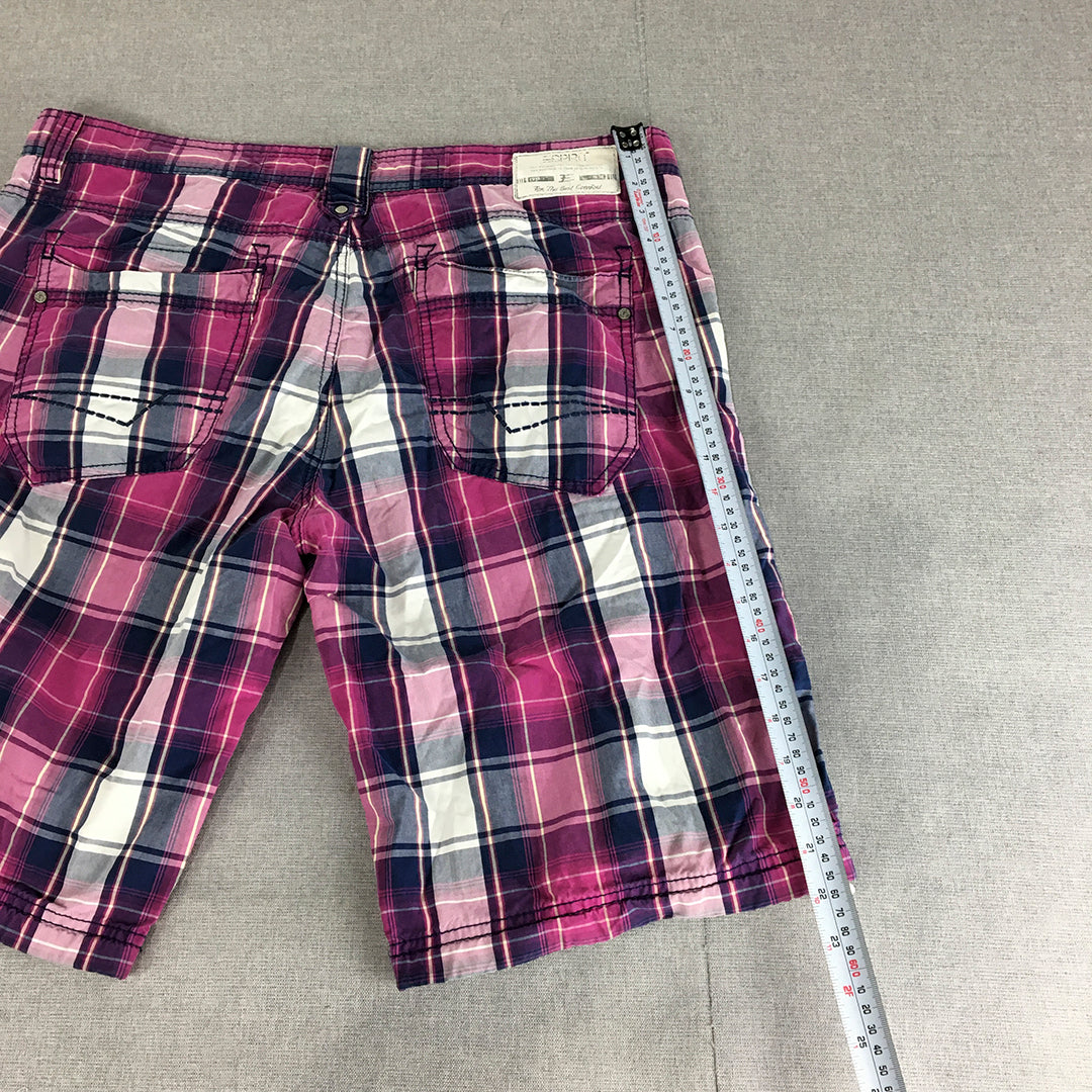 Esprit Mens Shorts Size 36 Pink Checkered Pockets Casual Walking