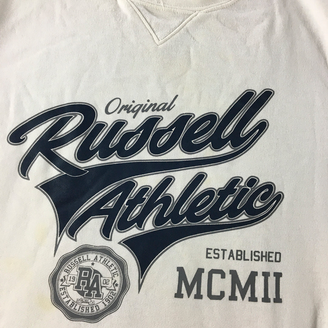 Russell Athletic Mens Sweater Size M White Big Logo Crew Neck Jumper