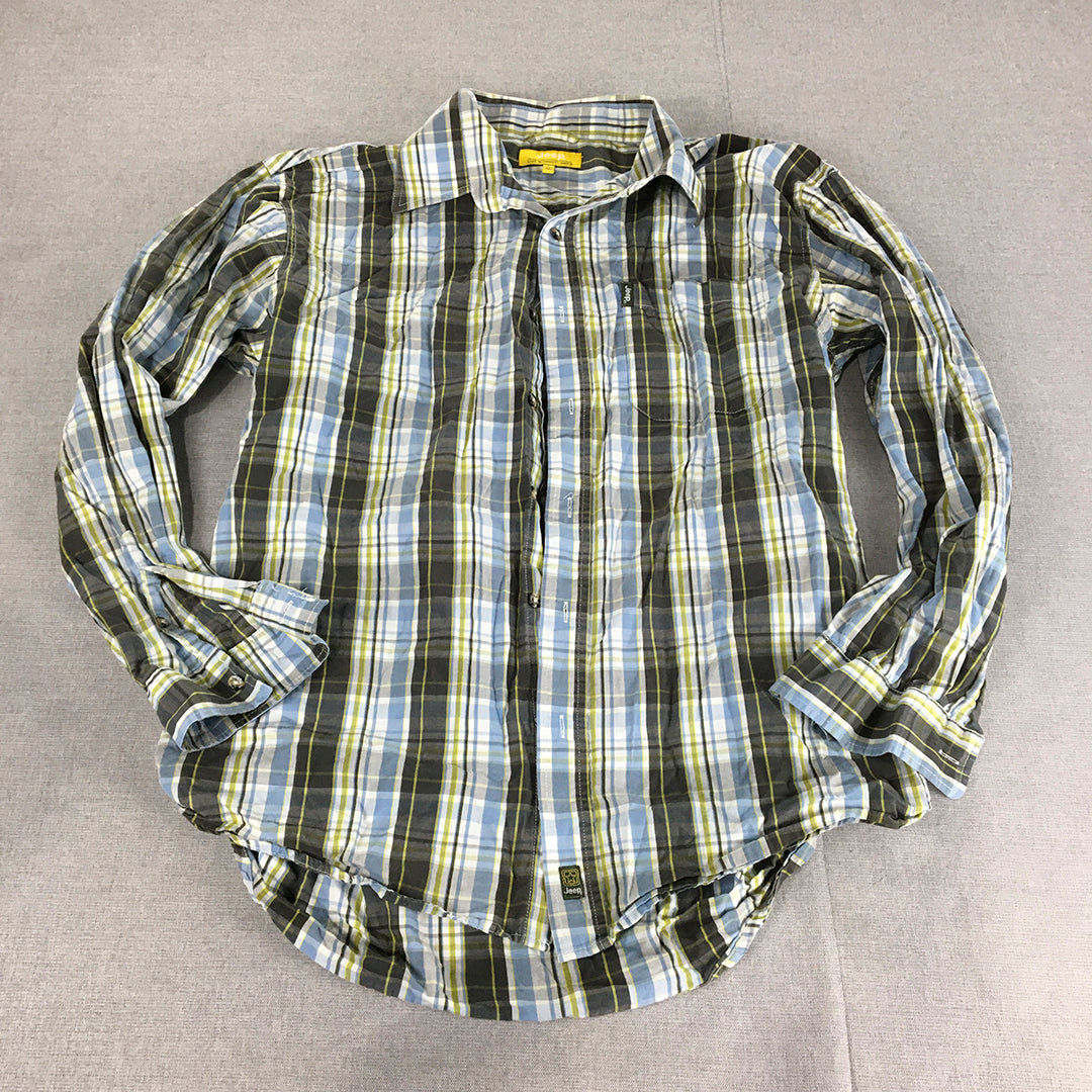 Jeep Mens Shirt Size L Blue Green Checkered Button-Up Long Sleeve