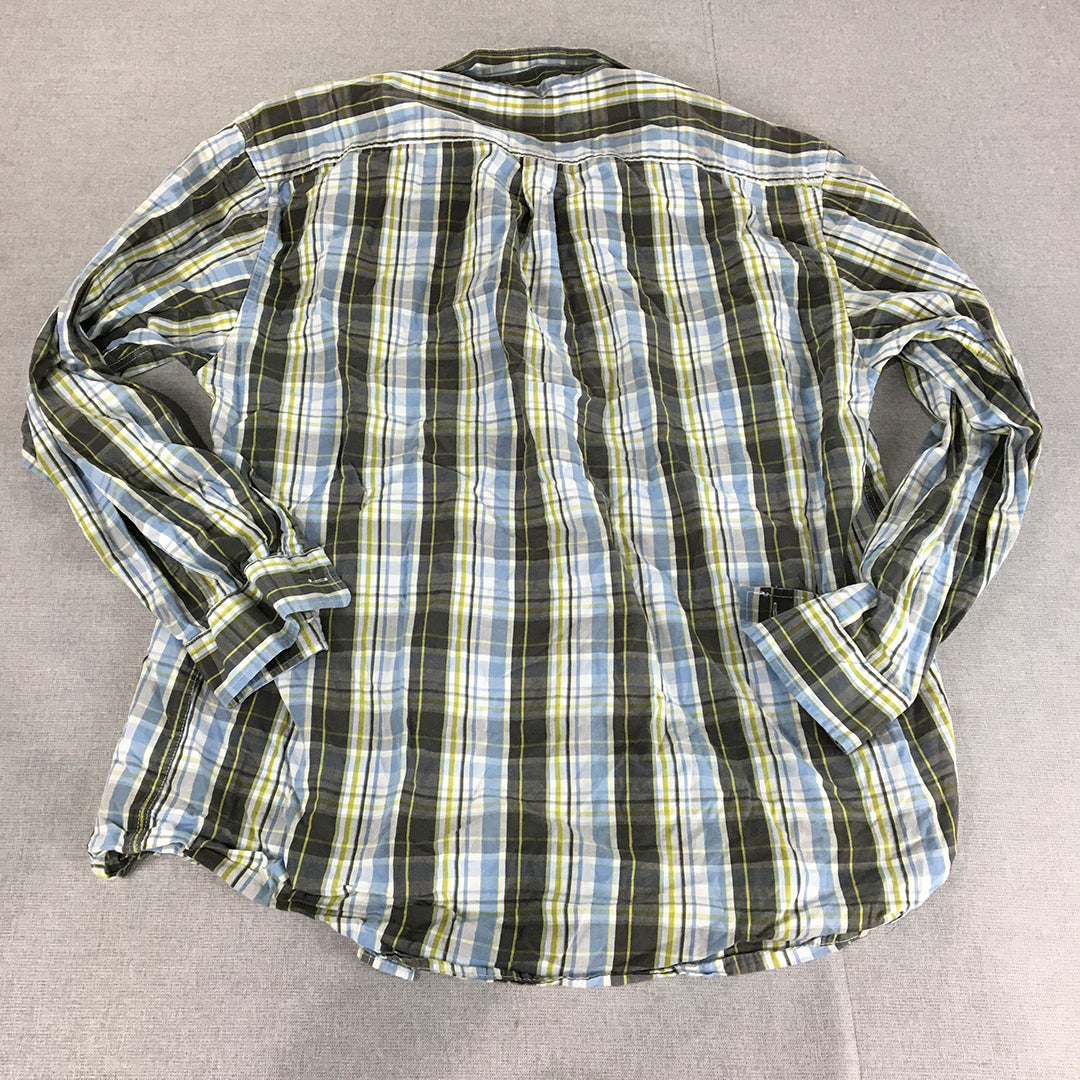 Jeep Mens Shirt Size L Blue Green Checkered Button-Up Long Sleeve