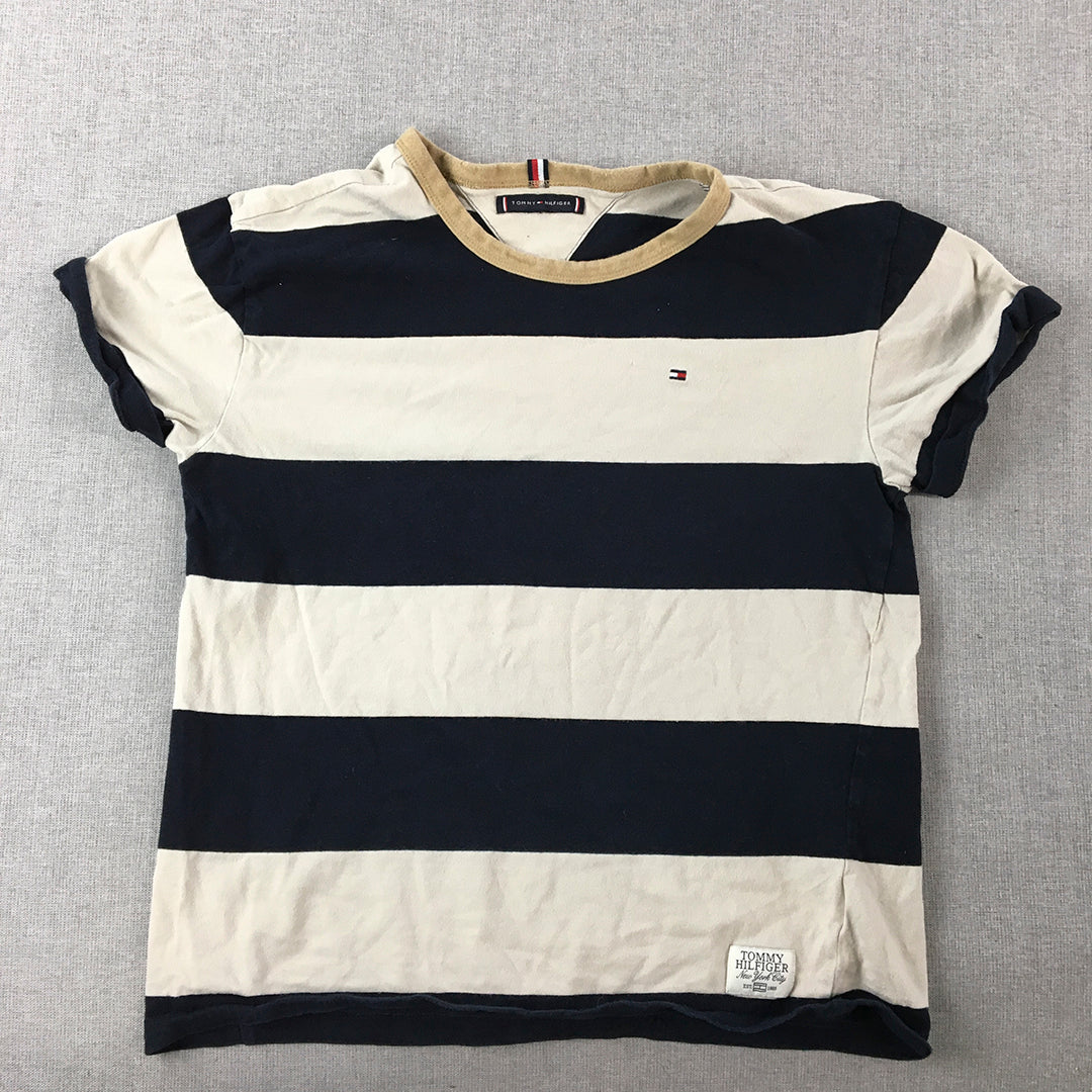 Tommy Hilfiger Kids Boys T-Shirt Size 10 - 11 Years White Navy Blue Striped Logo