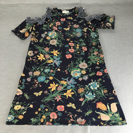 Cutie Minute A-Line Dress Size L (AU 12 - 14) Blue Floral Cold Shoulder Midi