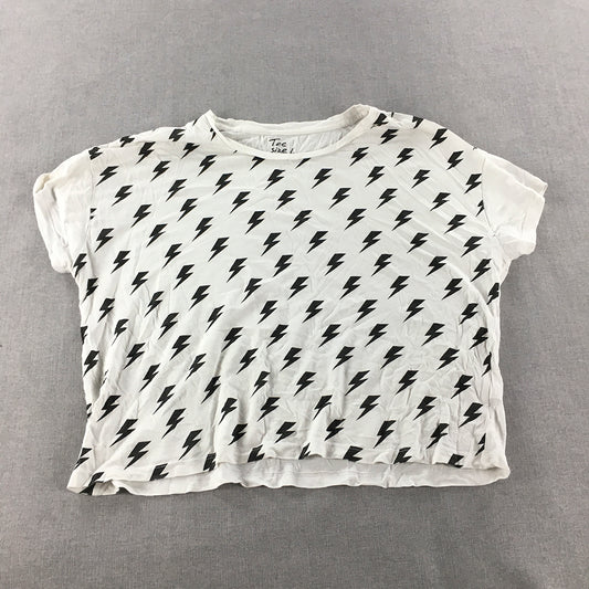 Giordano Womens T-Shirt Size L White Lightning Pattern Short Sleeve Cropped Top