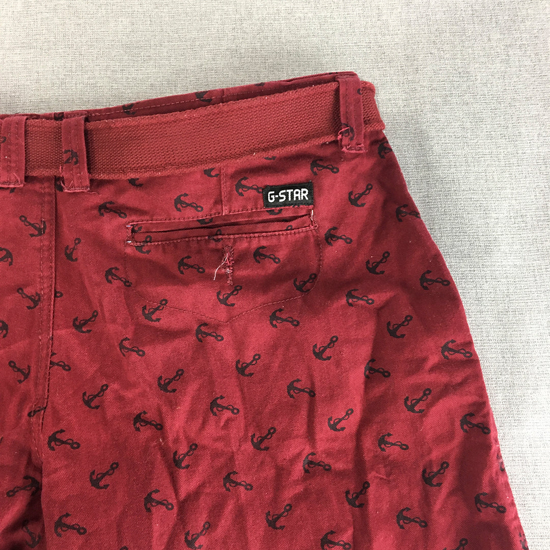 G-Star Raw Mens Chino Shorts Size 34 Red Anchor Pattern Belted Pockets