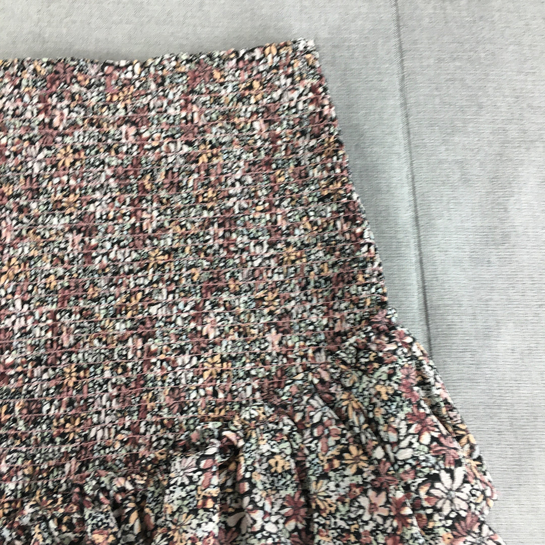 Decjuba Womens Mini Skirt Size S Pink Black Floral Frilled Elastic Waist