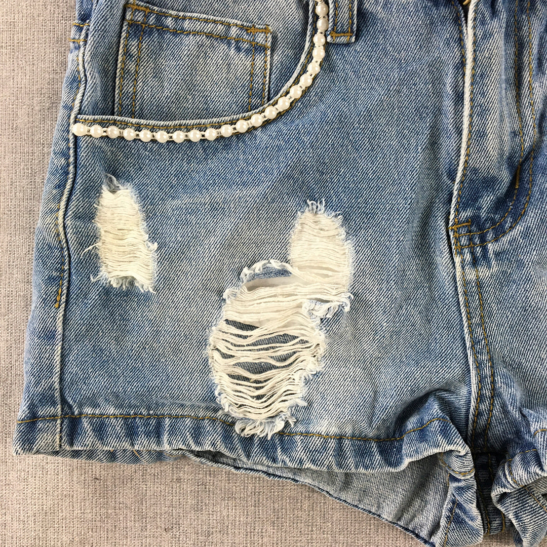 Boohoo Womens Denim Shorts Size 6 Blue Light Wash Distressed