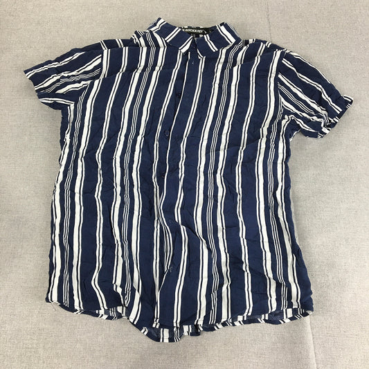 The Rockn Rev Womens Shirt Size L Blue Striped Button-Up Short Sleeve Collared