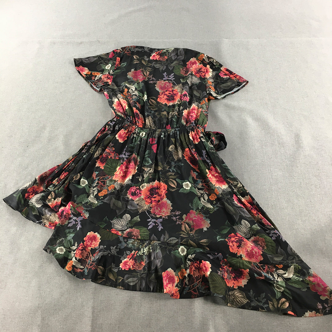 Decjuba Womens Dress Size 10 Black Red Floral Fit & Flare Belted Midi