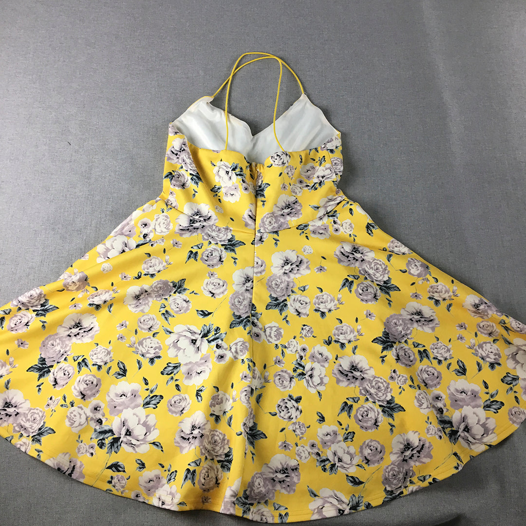 Valleygirl Womens Mini Dress Size M Yellow Floral Fit & Flare Spaghetti Strap