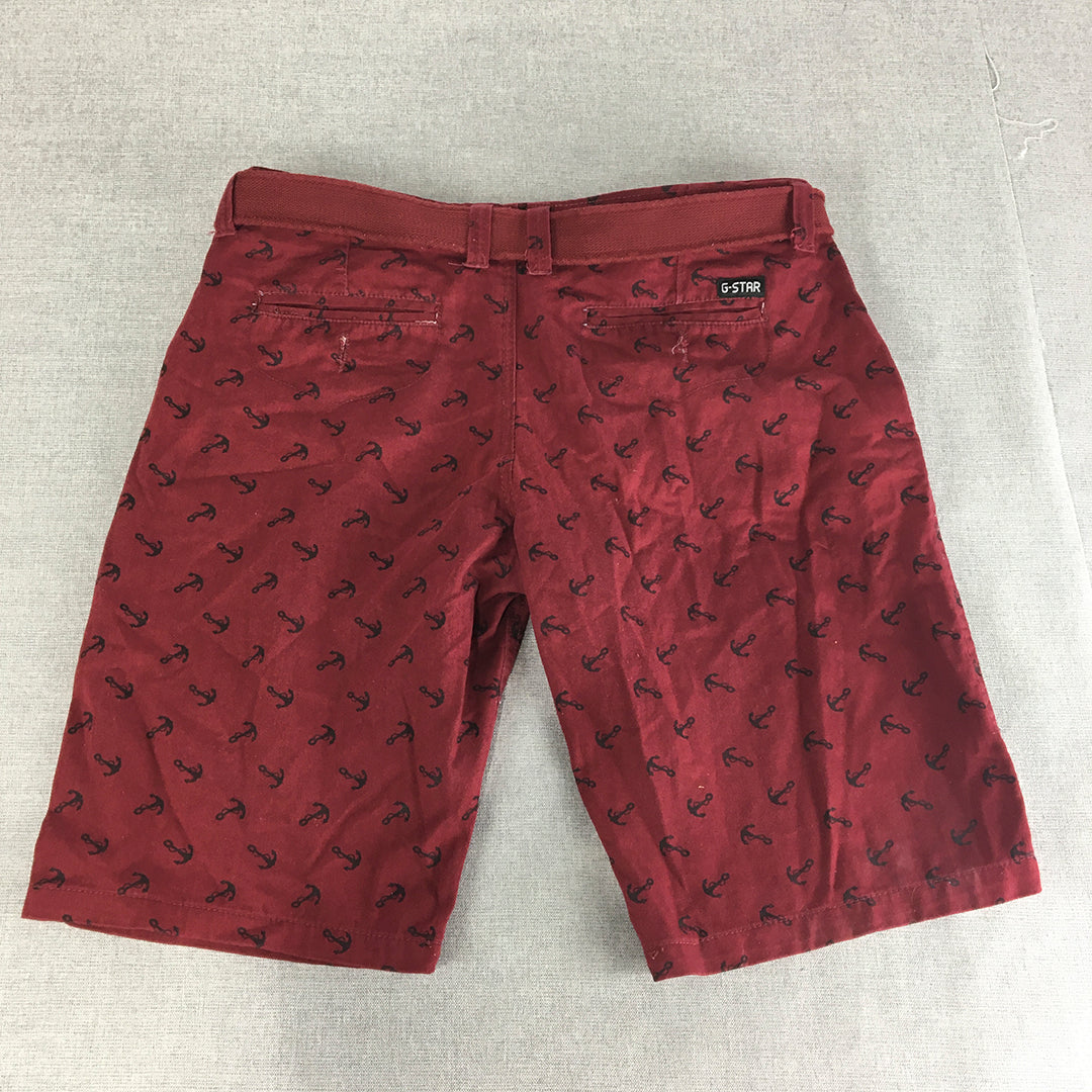 G-Star Raw Mens Chino Shorts Size 34 Red Anchor Pattern Belted Pockets