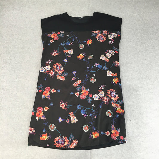 Etam Womens Shift Dress Size 8 Black Floral Short Sleeve Mini