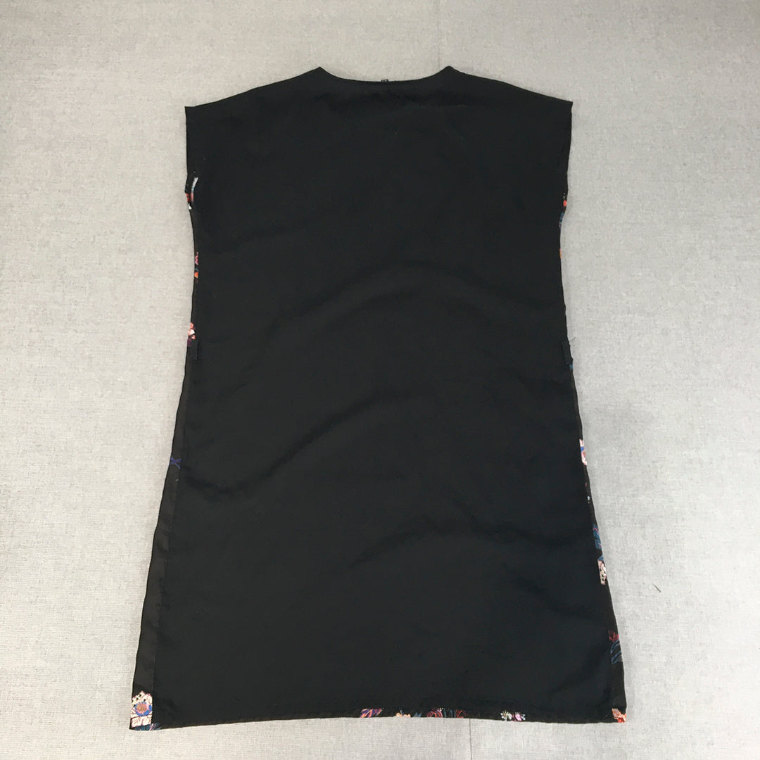 Etam Womens Shift Dress Size 8 Black Floral Short Sleeve Mini