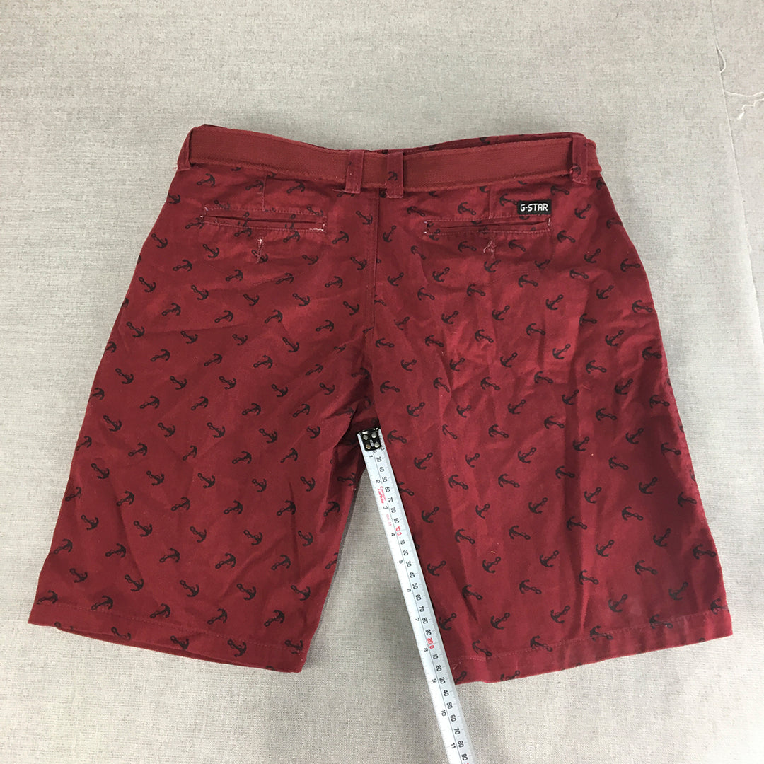 G-Star Raw Mens Chino Shorts Size 34 Red Anchor Pattern Belted Pockets