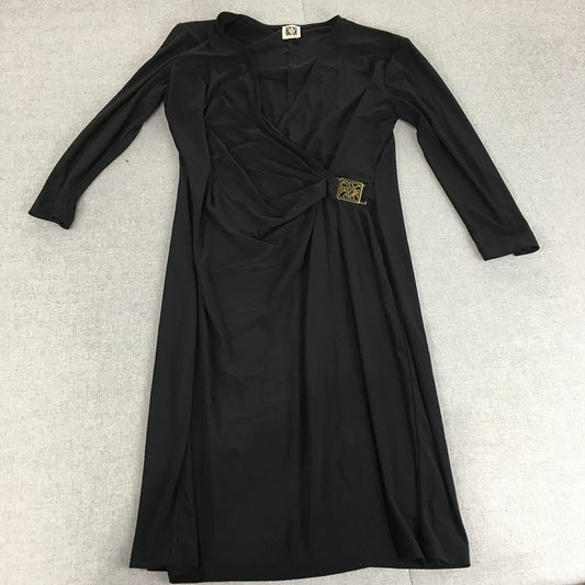 Anne Klein Womens Wrap Dress Size 8 Black Midi Stretch Fabric Long Sleeve