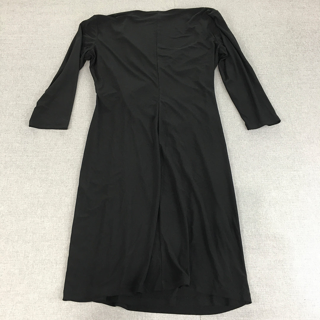 Anne Klein Womens Wrap Dress Size 8 Black Midi Stretch Fabric Long Sleeve