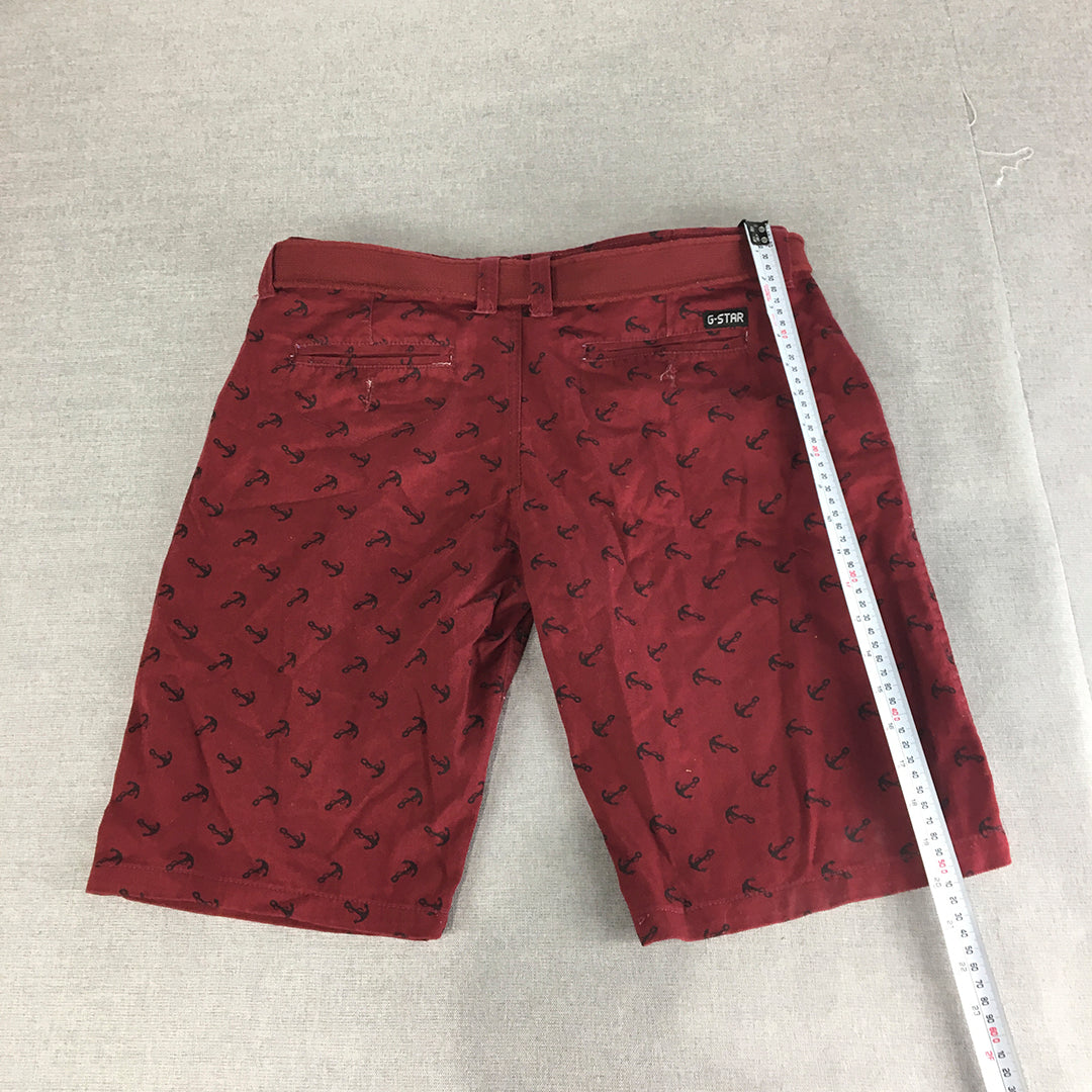 G-Star Raw Mens Chino Shorts Size 34 Red Anchor Pattern Belted Pockets