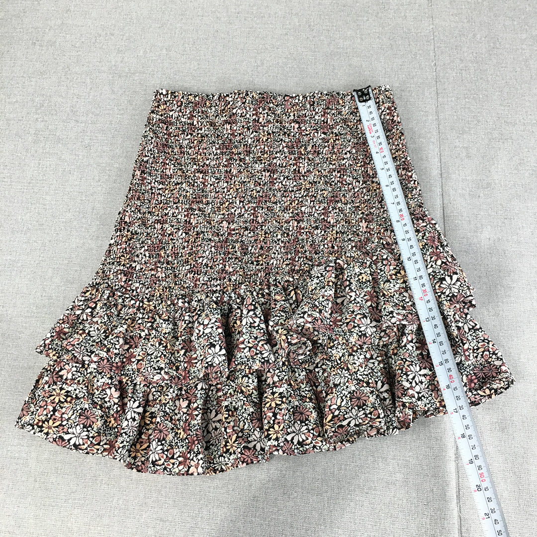 Decjuba Womens Mini Skirt Size S Pink Black Floral Frilled Elastic Waist