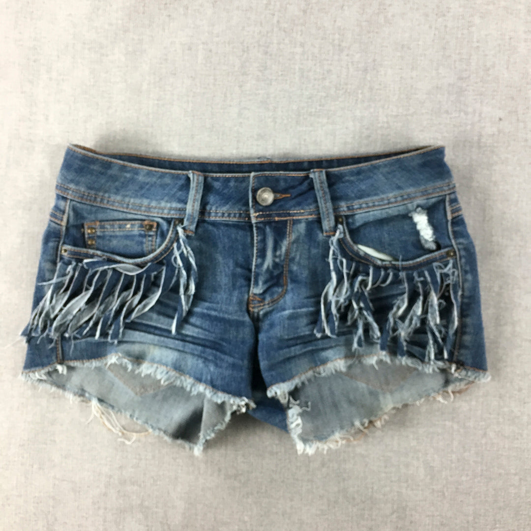 Rose And Vine Womens Denim Shorts Size 3 (W28) Blue Raw Hem Tassles Stretch