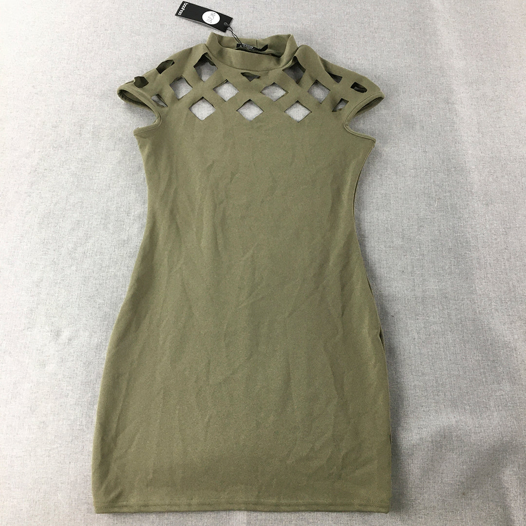 NEW Boohoo Night Womens Pencil Dress Size 12 Khaki Green Cut Out Sleeveless Mini