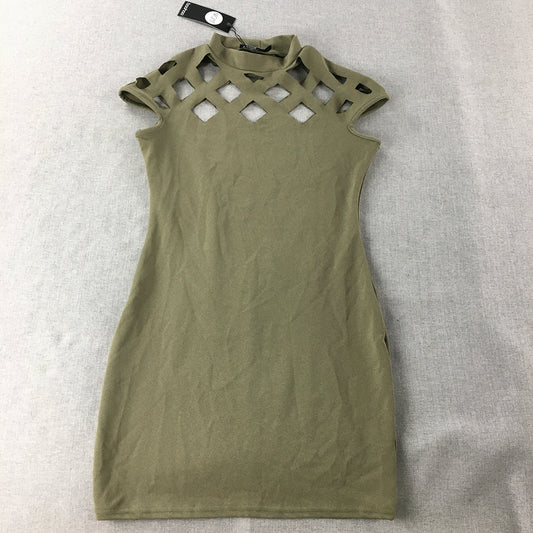 NEW Boohoo Night Womens Pencil Dress Size 12 Khaki Green Cut Out Sleeveless Mini