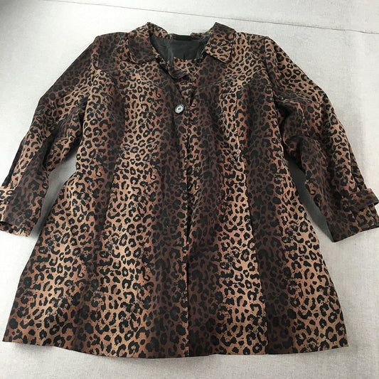 Lilly And Lou Womens Jacket Size 26 Brown Black Cheetah Print Parka Coat Belted