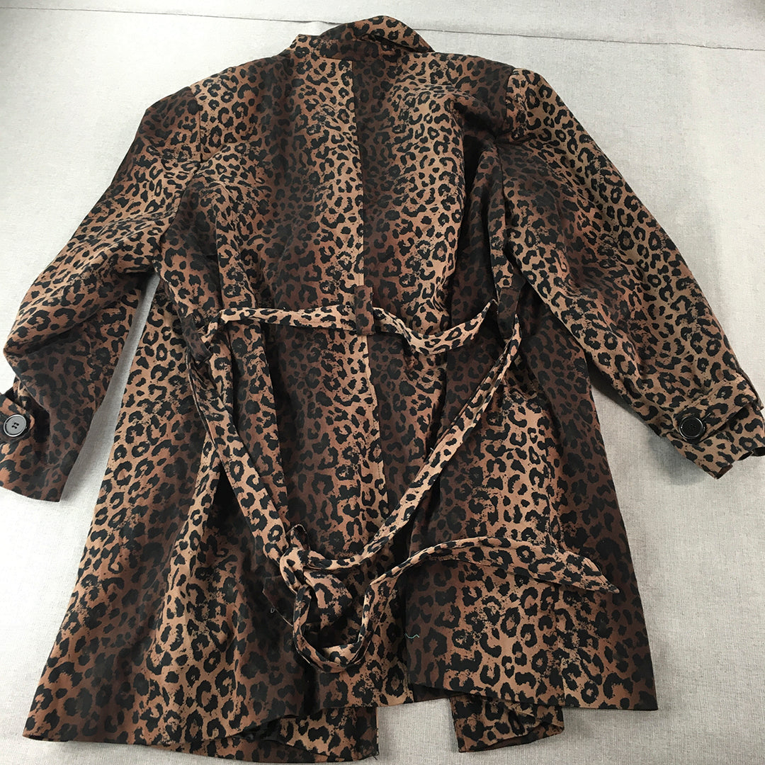 Lilly And Lou Womens Jacket Size 26 Brown Black Cheetah Print Parka Coat Belted