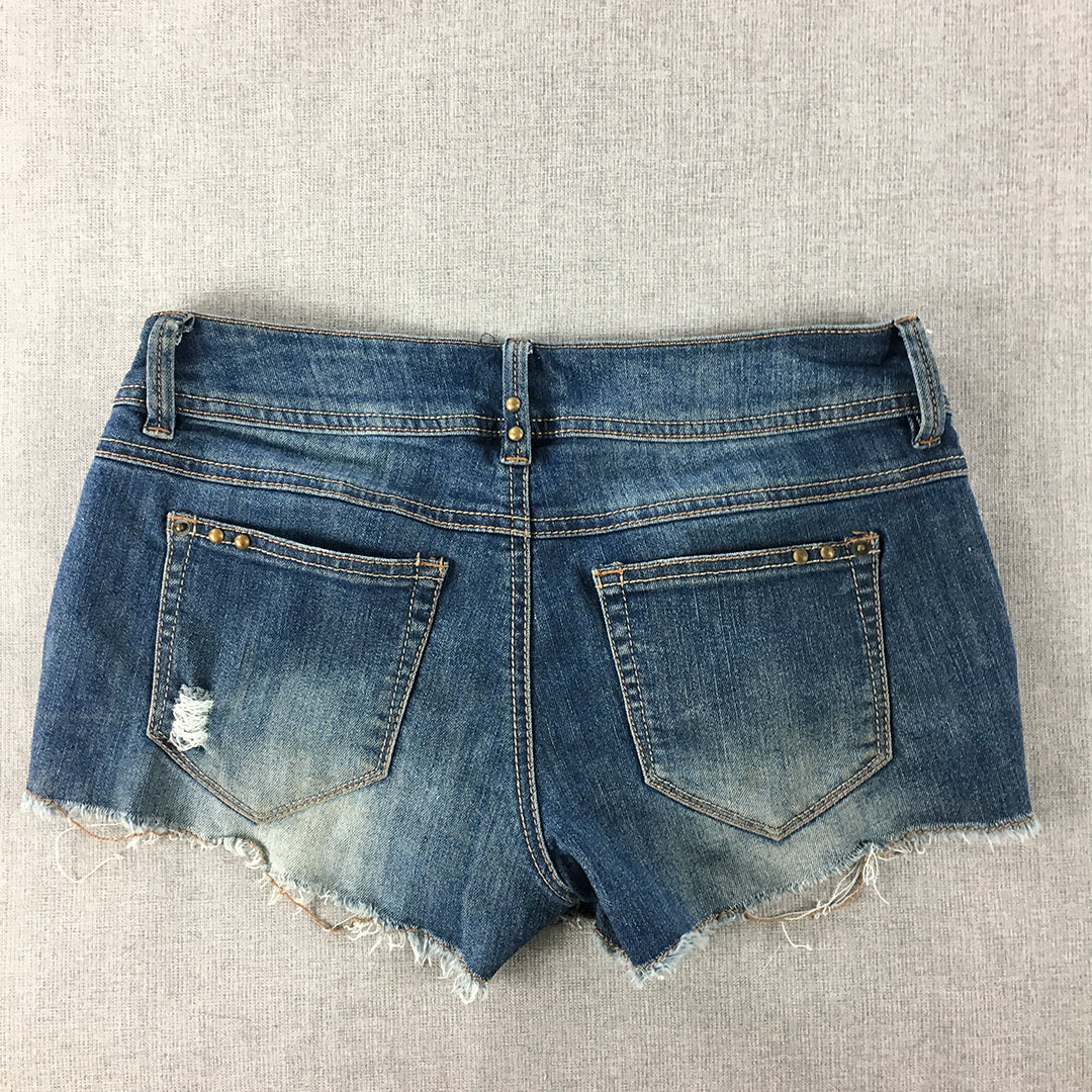 Rose And Vine Womens Denim Shorts Size 3 (W28) Blue Raw Hem Tassles Stretch