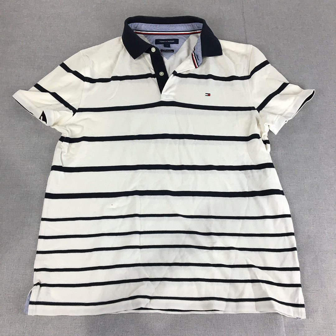 Tommy Hilfiger Mens Polo Shirt Size L Slim Fit White Striped Logo Rugby