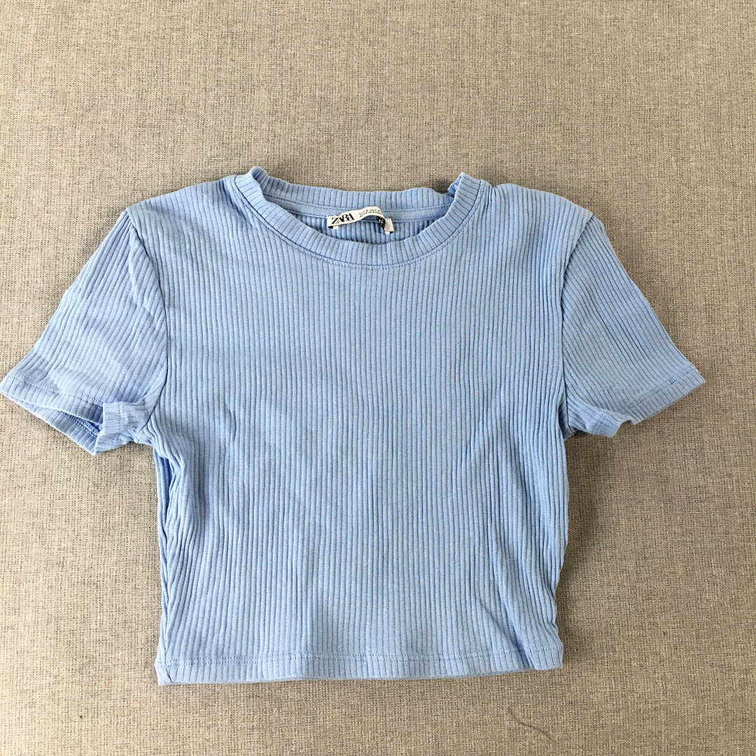 Zara Womens Cropped Top Size S Blue Stretch Knit Round Neck Shirt