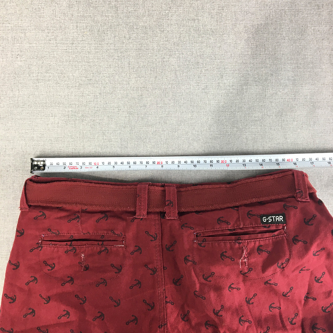 G-Star Raw Mens Chino Shorts Size 34 Red Anchor Pattern Belted Pockets