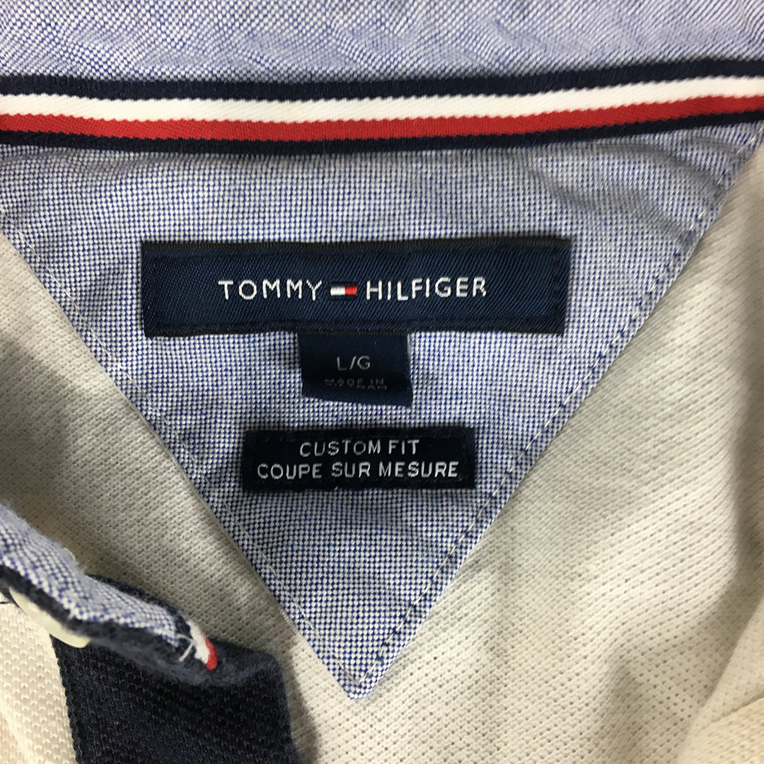 Tommy Hilfiger Mens Polo Shirt Size L Slim Fit White Striped Logo Rugby