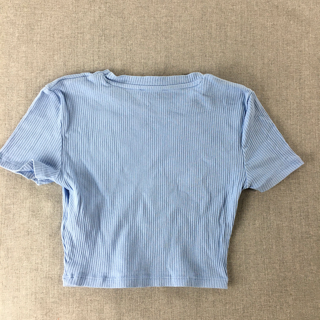 Zara Womens Cropped Top Size S Blue Stretch Knit Round Neck Shirt