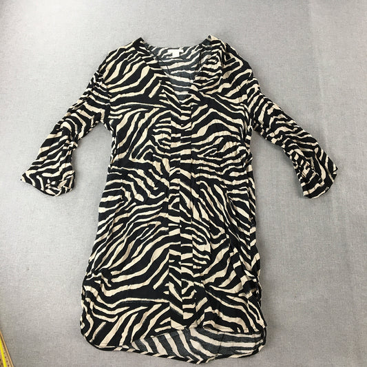 H&M Womens Mini Dress Size 6 Black Zebra Striped V-Neck