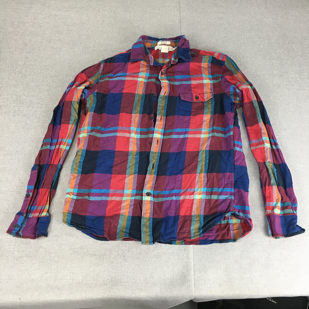 H&M Mens Shirt Size M Red Blue Checkered Long Sleeve Button-Up Pocket