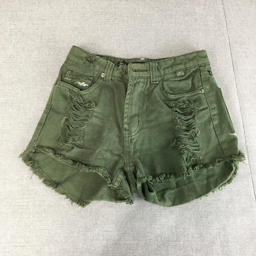 Refuge Womens Denim Shorts Size 8 Khaki Green Ripped Bermuda Jorts