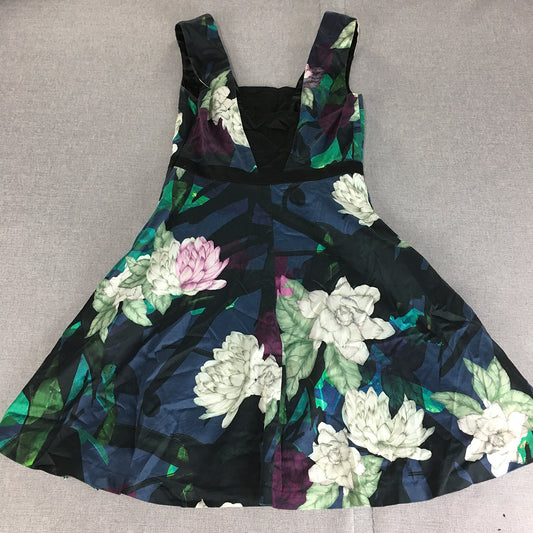 Portmans Womens Mini Dress Size 8 Black Green Purple Floral Fit & Flare