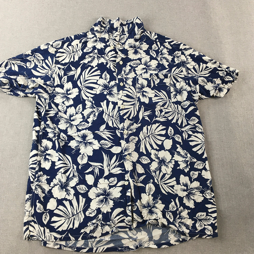 DJ&C Mens Hawaiian Shirt Size XL Blue Floral Button-Up Short Sleeve