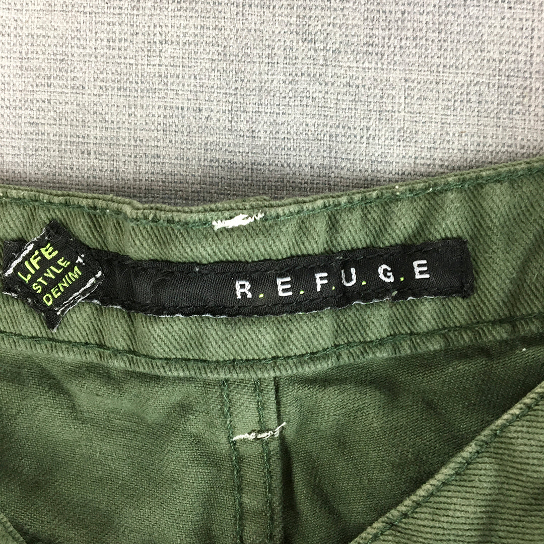 Refuge Womens Denim Shorts Size 8 Khaki Green Ripped Bermuda Jorts