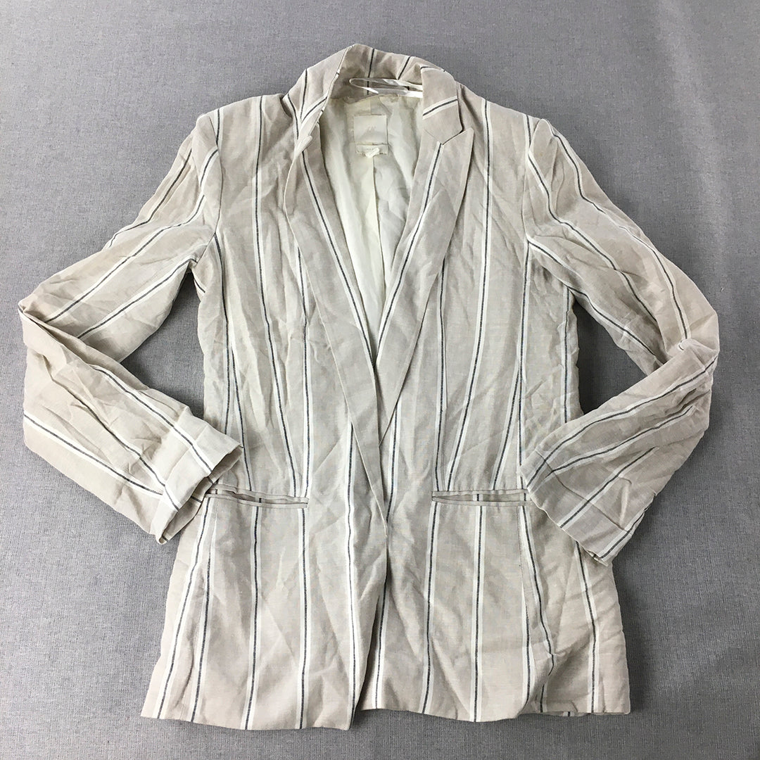 H&M Womens Linen Blazer Size 8 Grey Striped Collared Jacket Coat