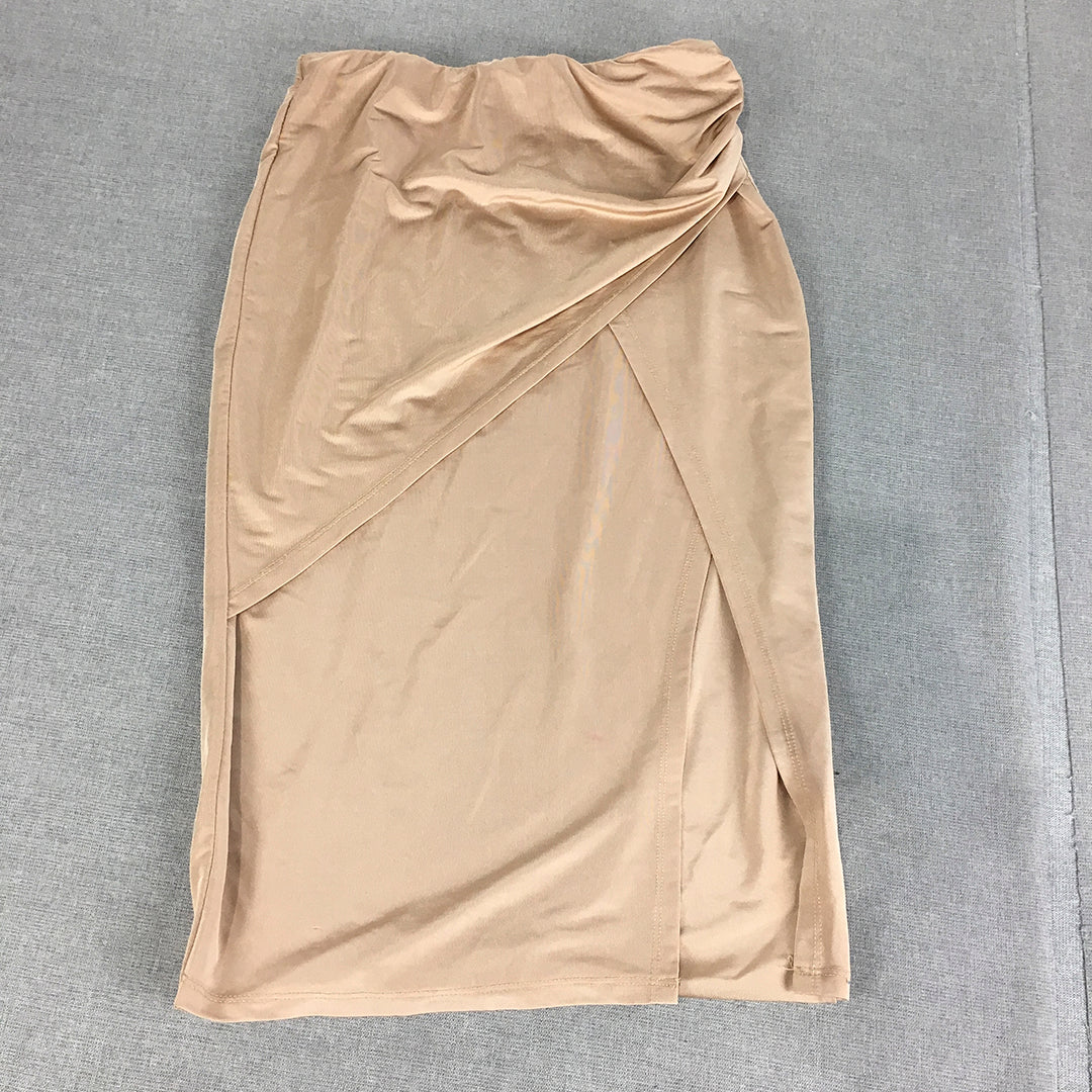 Morning Mist Womens Wrap Skirt Size 8 Nude Beige Straight Midi Elastic Waist