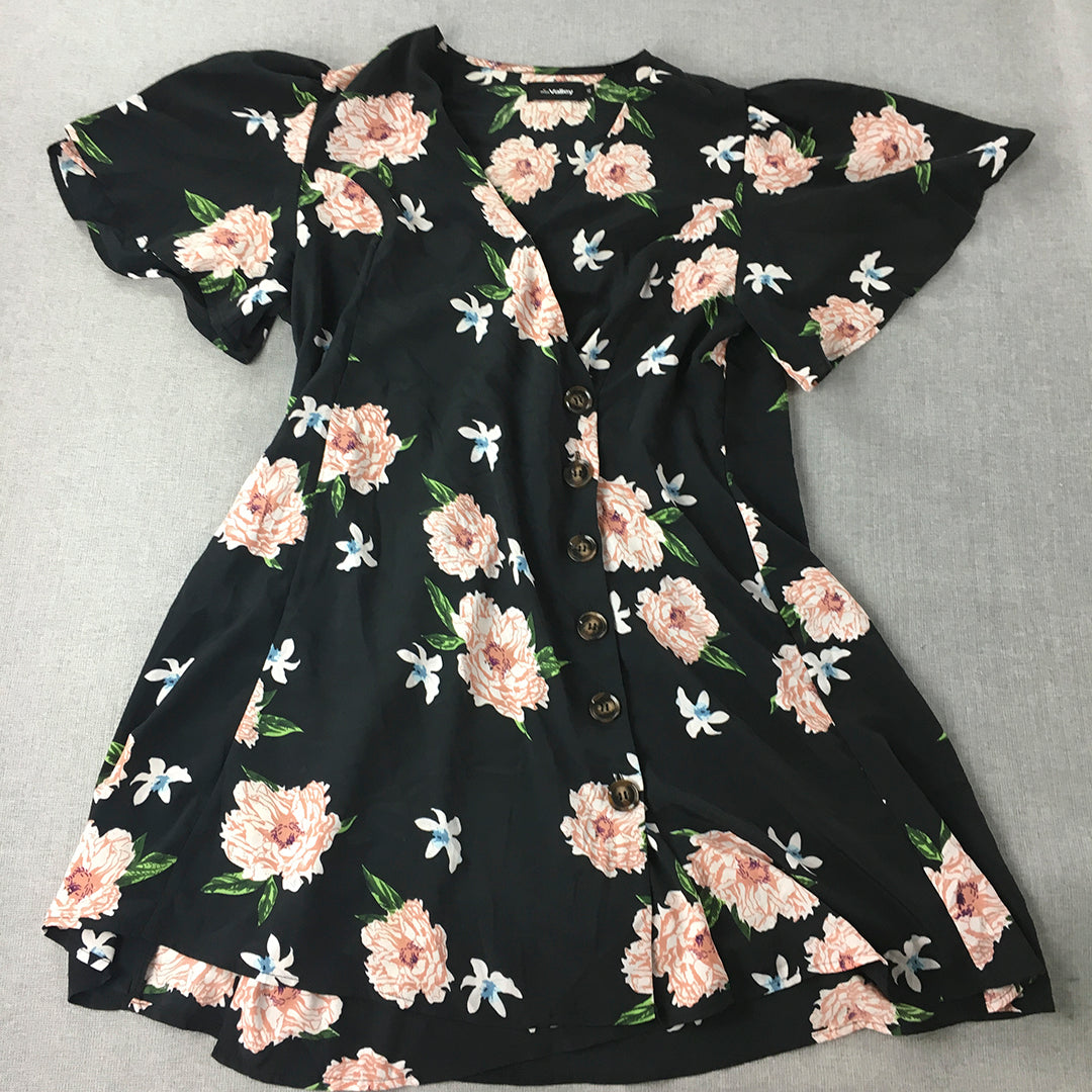 Valleygirl Womens Mini Dress Size 12 Black Floral Fit & Flare Button Accents