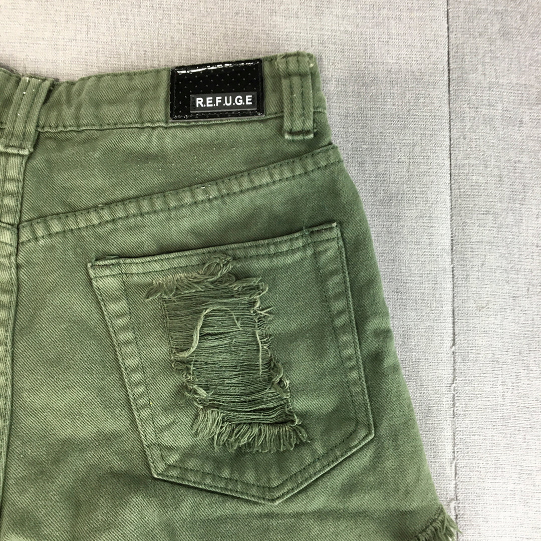 Refuge Womens Denim Shorts Size 8 Khaki Green Ripped Bermuda Jorts