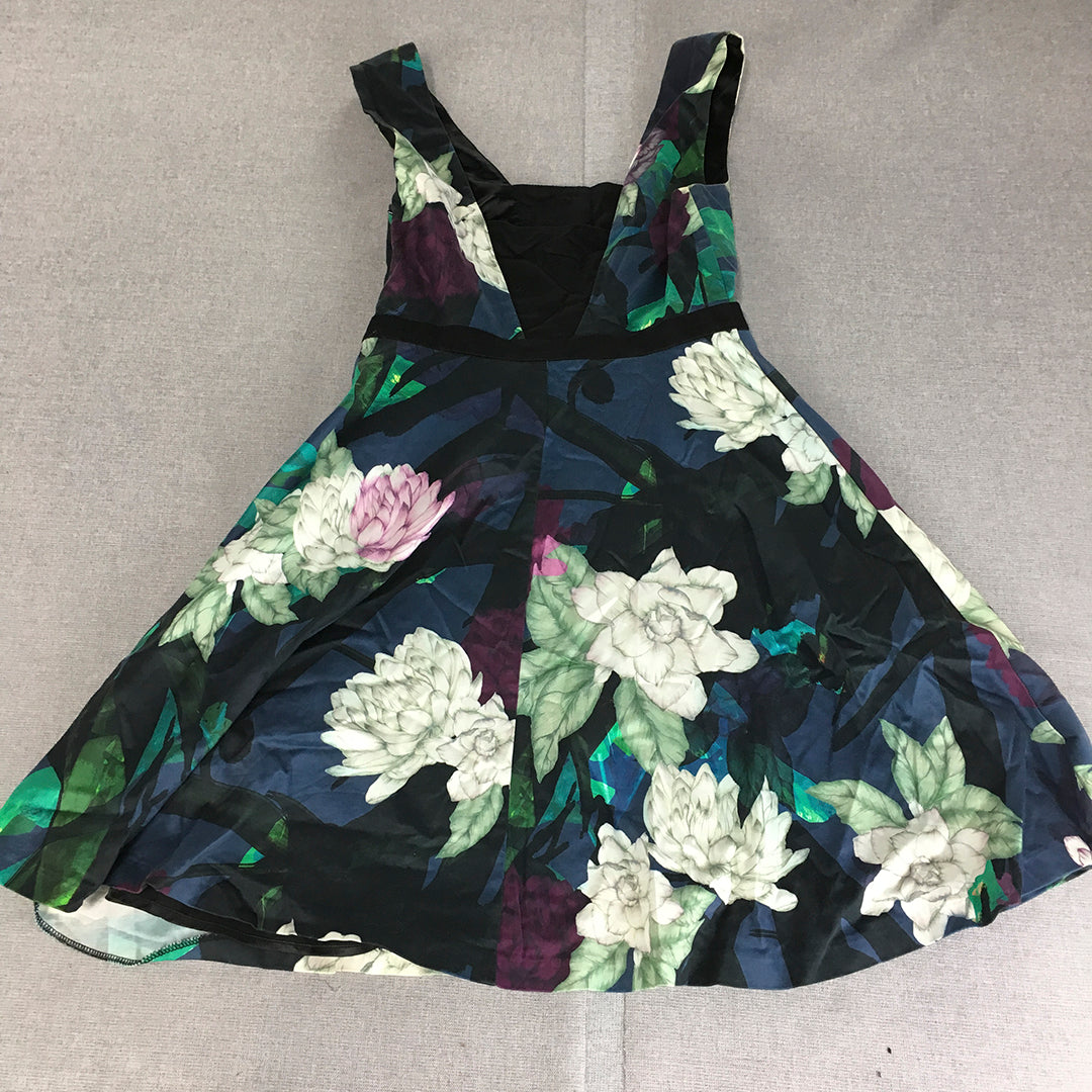 Portmans Womens Mini Dress Size 8 Black Green Purple Floral Fit & Flare