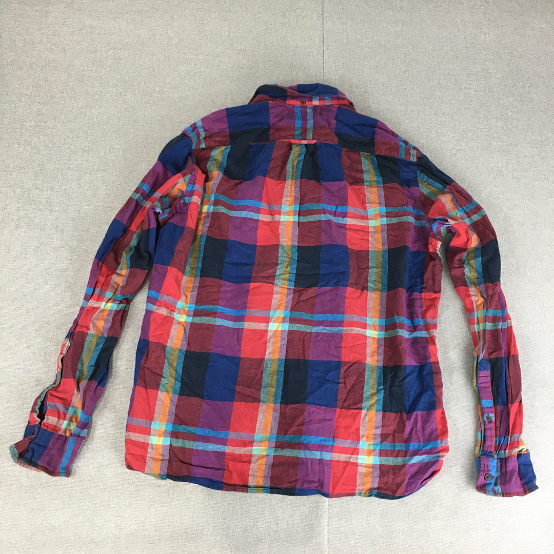 H&M Mens Shirt Size M Red Blue Checkered Long Sleeve Button-Up Pocket