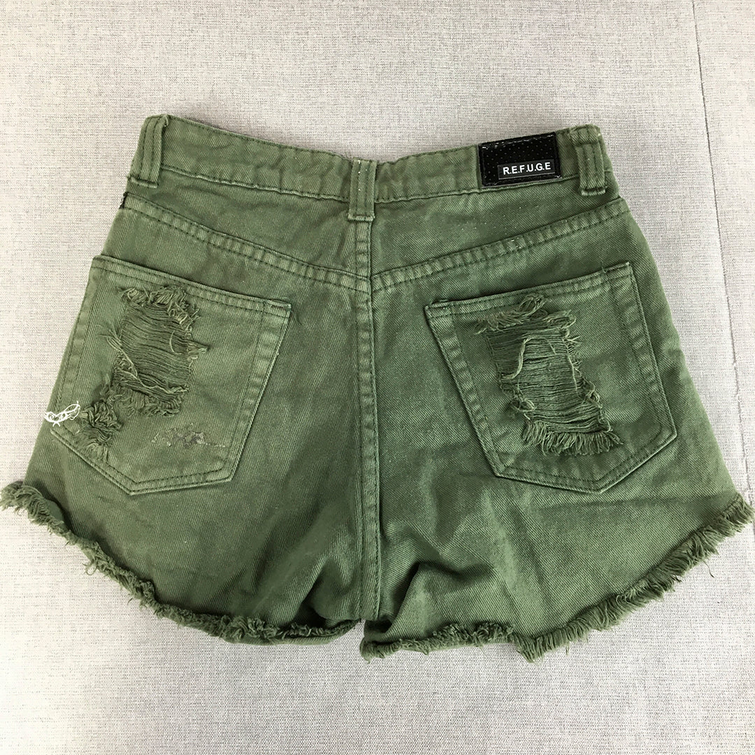 Refuge Womens Denim Shorts Size 8 Khaki Green Ripped Bermuda Jorts