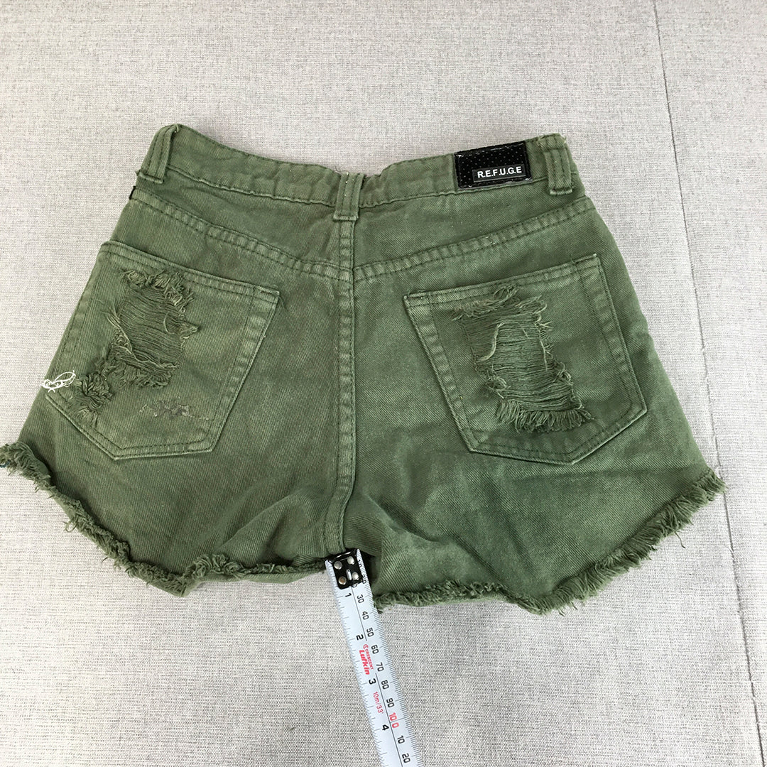 Refuge Womens Denim Shorts Size 8 Khaki Green Ripped Bermuda Jorts