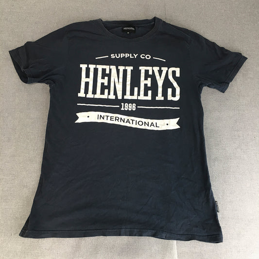 Henleys Mens T-Shirt Size M Blue Big Logo Crew Neck Short Sleeve Tee