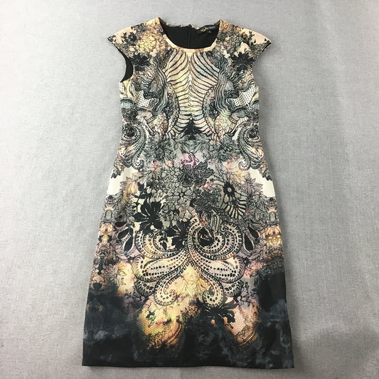 Sh & Cindy Womens 100% Silk Mini Dress Size S Black Brown Floral Short Sleeve