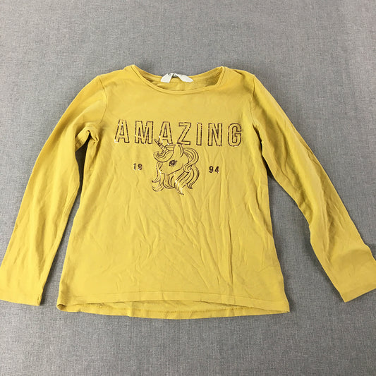 H&M Kids Girls Top Size 7 - 8 Years Yellow Pony Horse Long Sleeve Pullover Shirt